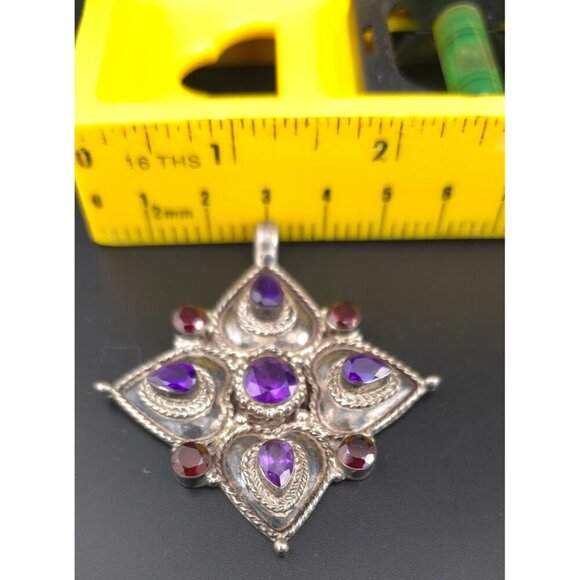 Vintage 925 Sterling Silver Pendant Amethyst & Garnet Stones Intricate Design - Picture 12 of 12